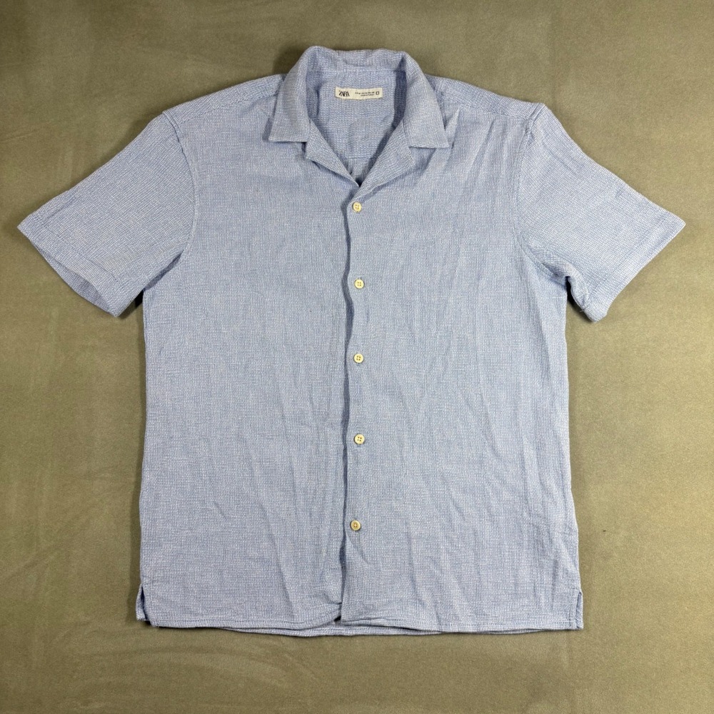Zara Man Blue Textured Cotton Short Sleeve Camp Collar Button Up Shirt Size M